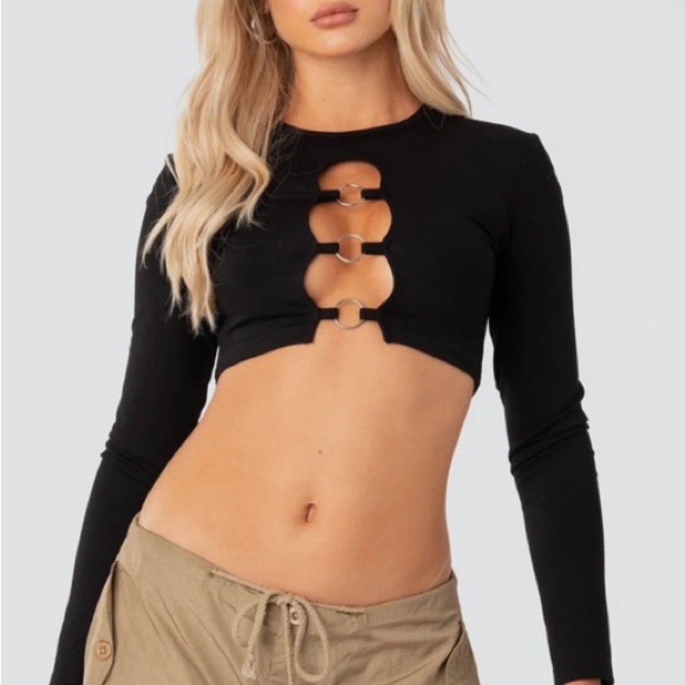 Edikted Black Long Sleeve Crop Top with Cut Out Design
